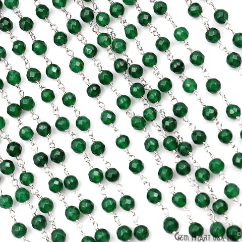 Green Jade Faceted Round 4mm Beads Silver Plated Wire Wrapped Rosary Chain