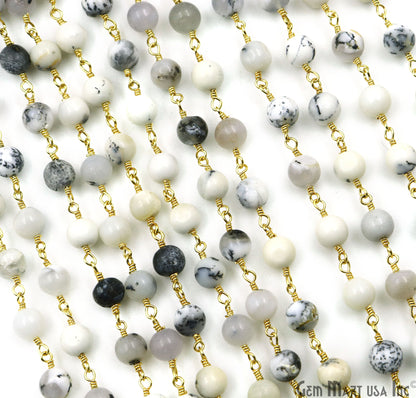 Dendrite Opal Smooth Beads 5-6mm Gold Plated Gemstone Rosary Chain