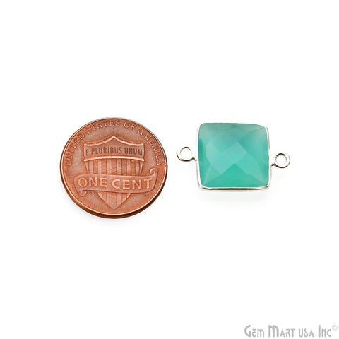 Aqua Chalcedony Square 12mm Silver Plated Double Bail bezel Gemstone Connector