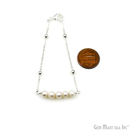 Pearl Round Gemstone Silver Plated Chain With Lobster Clasp Bracelet 7Inch