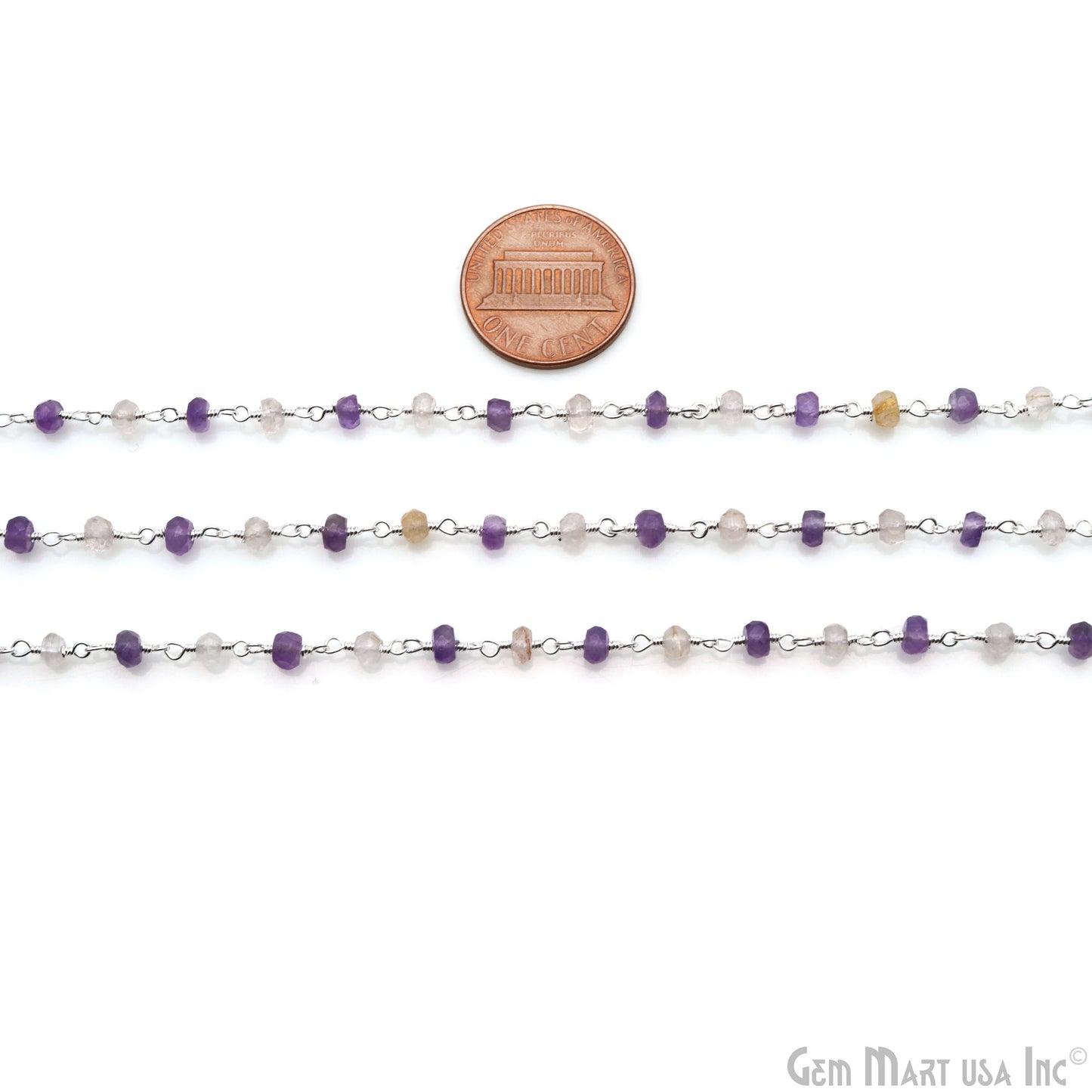 Amethyst & Golden Rutile Beads 3-3.5mm Silver Plated Wire Wrapped Rosary Chain