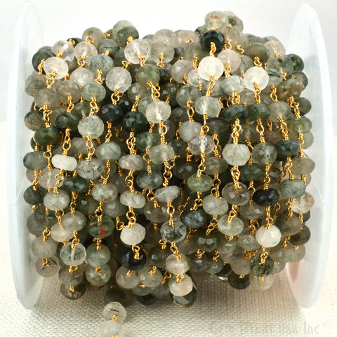 Green Rutilite Beads Chain, Gold Plated Wire Wrapped Rosary Chain - GemMartUSA (763807072303)