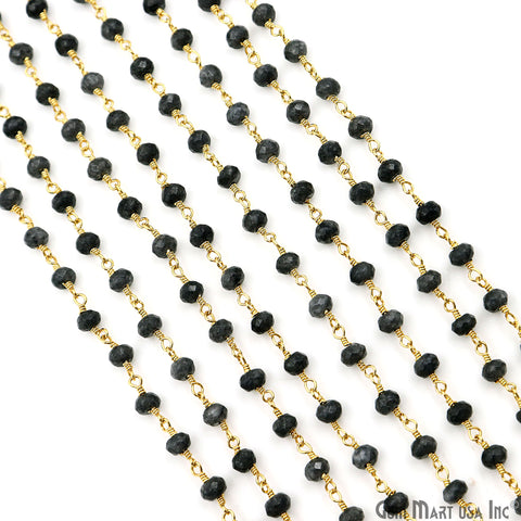 Gray Jade Faceted Beads 4mm Gold Plated Gemstone Rosary Chain