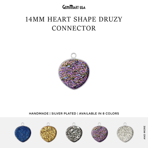 Natural Titanium Druzy 14mm Silver Single Bail Heart Gemstone Connector