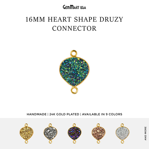 Natural Titanium Druzy 16mm Heart Gold Double Bail Gemstone Connector