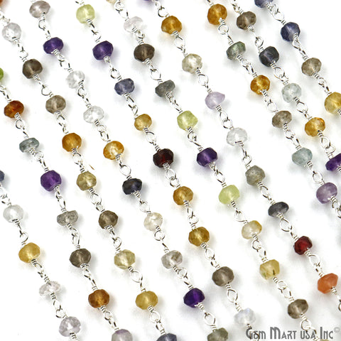 Multi Color Zircon Faceted Beads 3-3.5mm Silver Plated Gemstone Rosary Chain