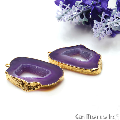Agate Slice 33x23mm Organic Gold Electroplated Gemstone Earring Connector 1 Pair - GemMartUSA