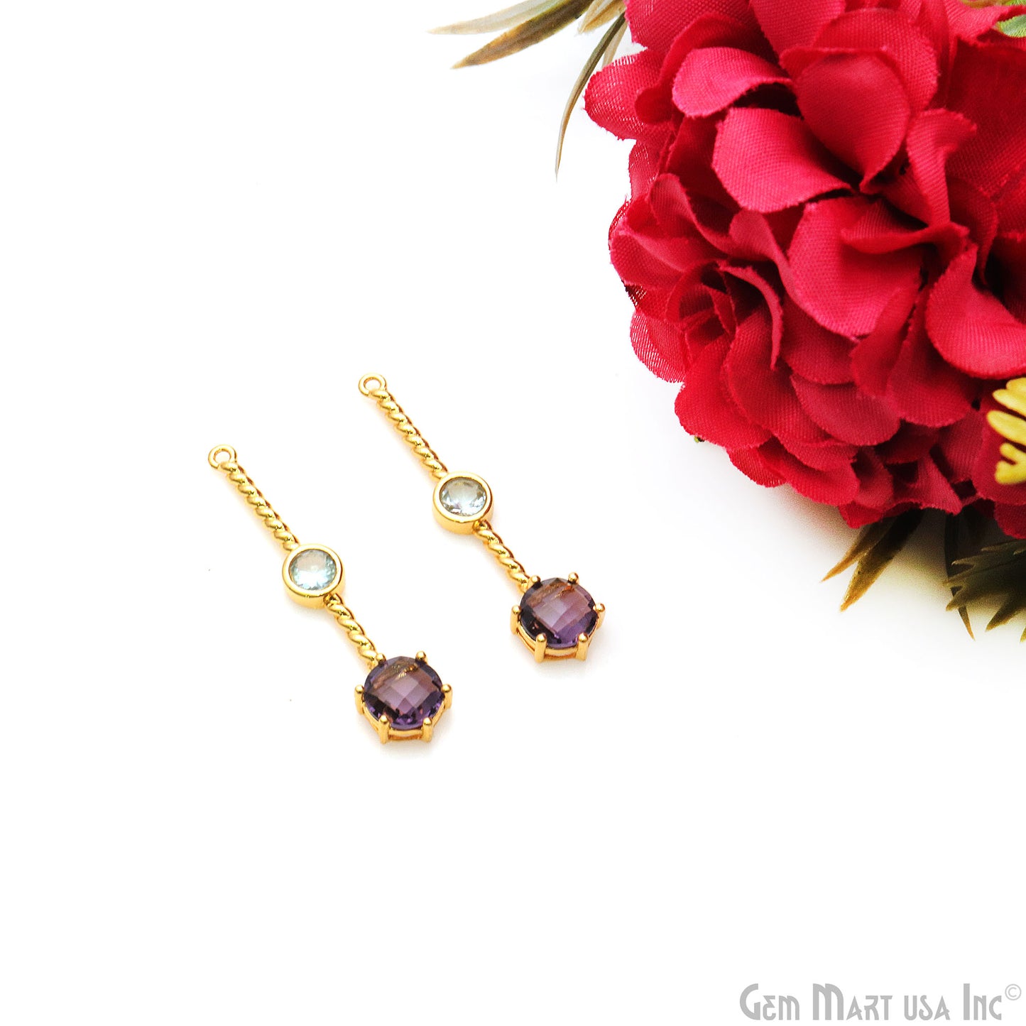 Amethyst & Blue Topaz Long Gemstone Gold Plated Earring Connector