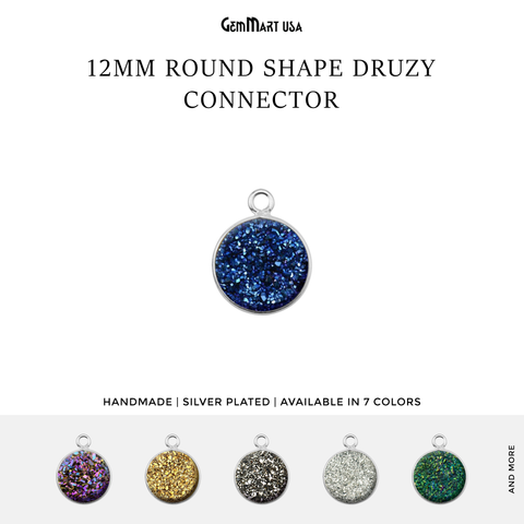 Natural Titanium Silver Druzy 12mm Round Single Bail Bezel Gemstone Connector