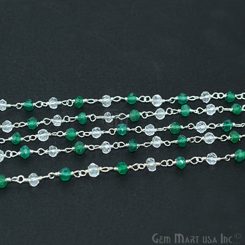 Green Onyx With Crystal Beads Silver Plated Wire Wrapped Rosary Chain