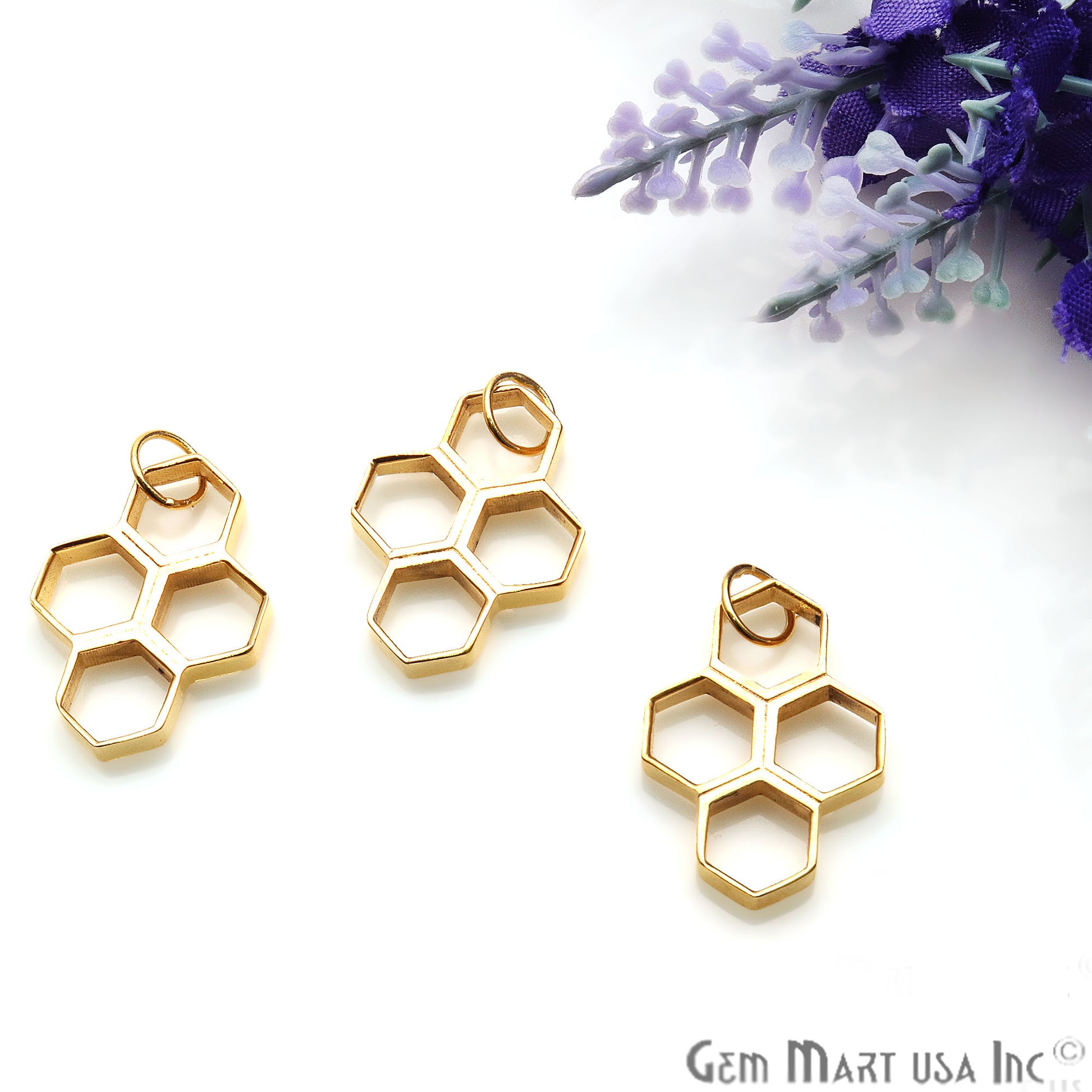 Hexagon Shaped 24x17mm Gold Plated Finding Charm, Four hexagon attached, Gold Jewelry Charm, Single Bail connector - GemMartUSA