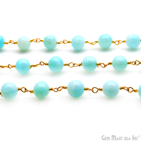 Blue Opal 7-8mm Gold Plated Cabochon Beads Rosary Chain