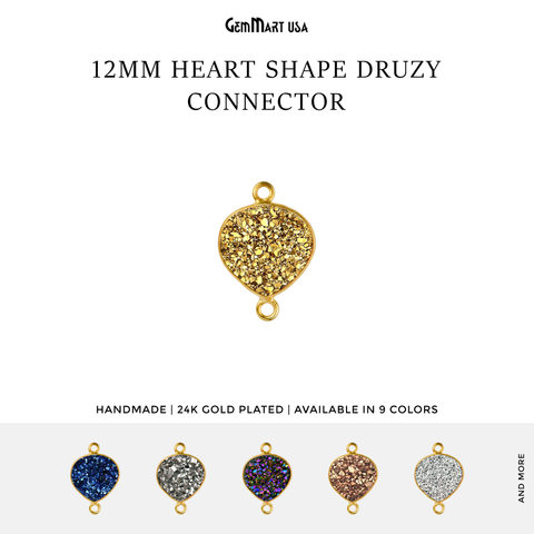 Natural Titanium Druzy 12mm Gold Double Bail Heart Bezel Connector