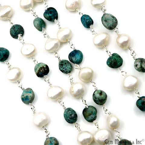 Chrysocolla Tumble Beads 8x5mm & Pearl 7-8mm Beads Silver Plated Rosary Chain