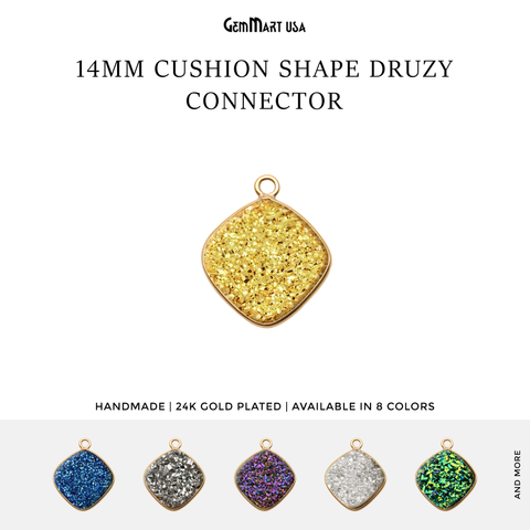 Natural Titanium Druzy 14mm Cushion Gold Single Bail Bezel Gemstone Connector