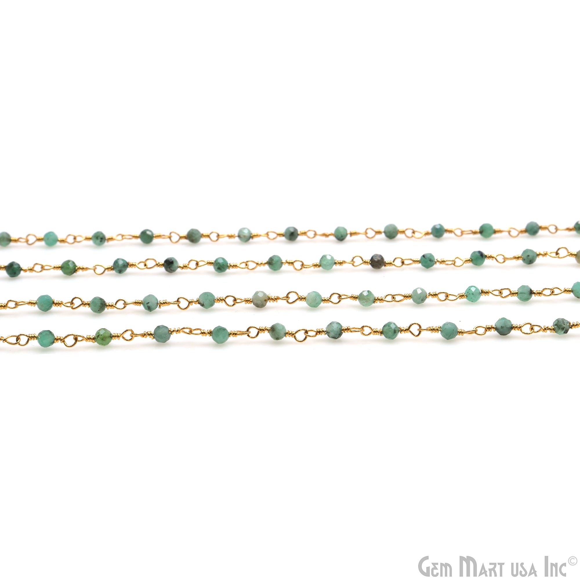 Emerald Faceted 2-2.5mm Tiny Beads Gold Plated Wire Wrapped Rosary Chain