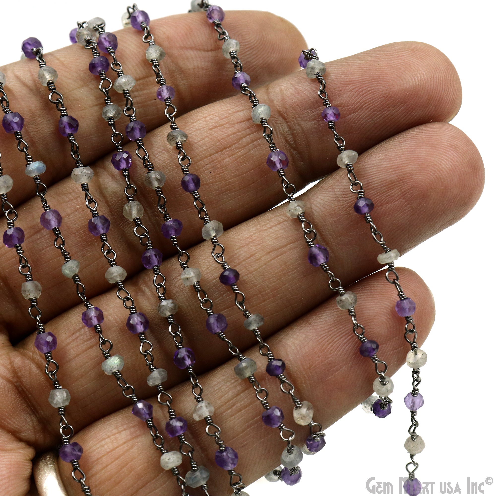 Amethyst & Labradorite 3-3.5mm Oxidized Faceted Beads Wire Wrapped Rosary Chain