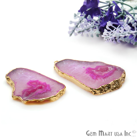 Agate Slice 44x26mm Organic Gold Electroplated Gemstone Earring Connector 1 Pair - GemMartUSA