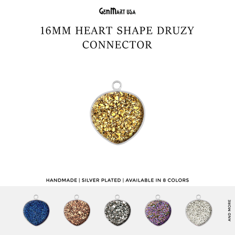 Natural Titanium Druzy 16mm Heart Silver Single Bail Gemstone Connector