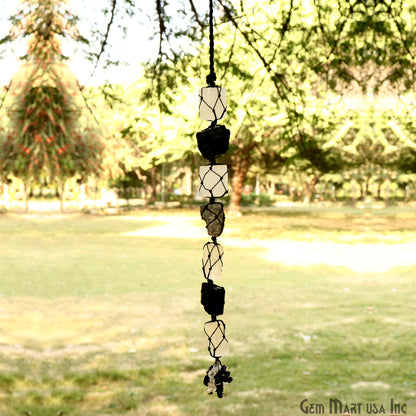 Selenite & Black Tourmaline Tumbled Gemstone Macrame Car/ Wall Crystal Hanging 11 Inch