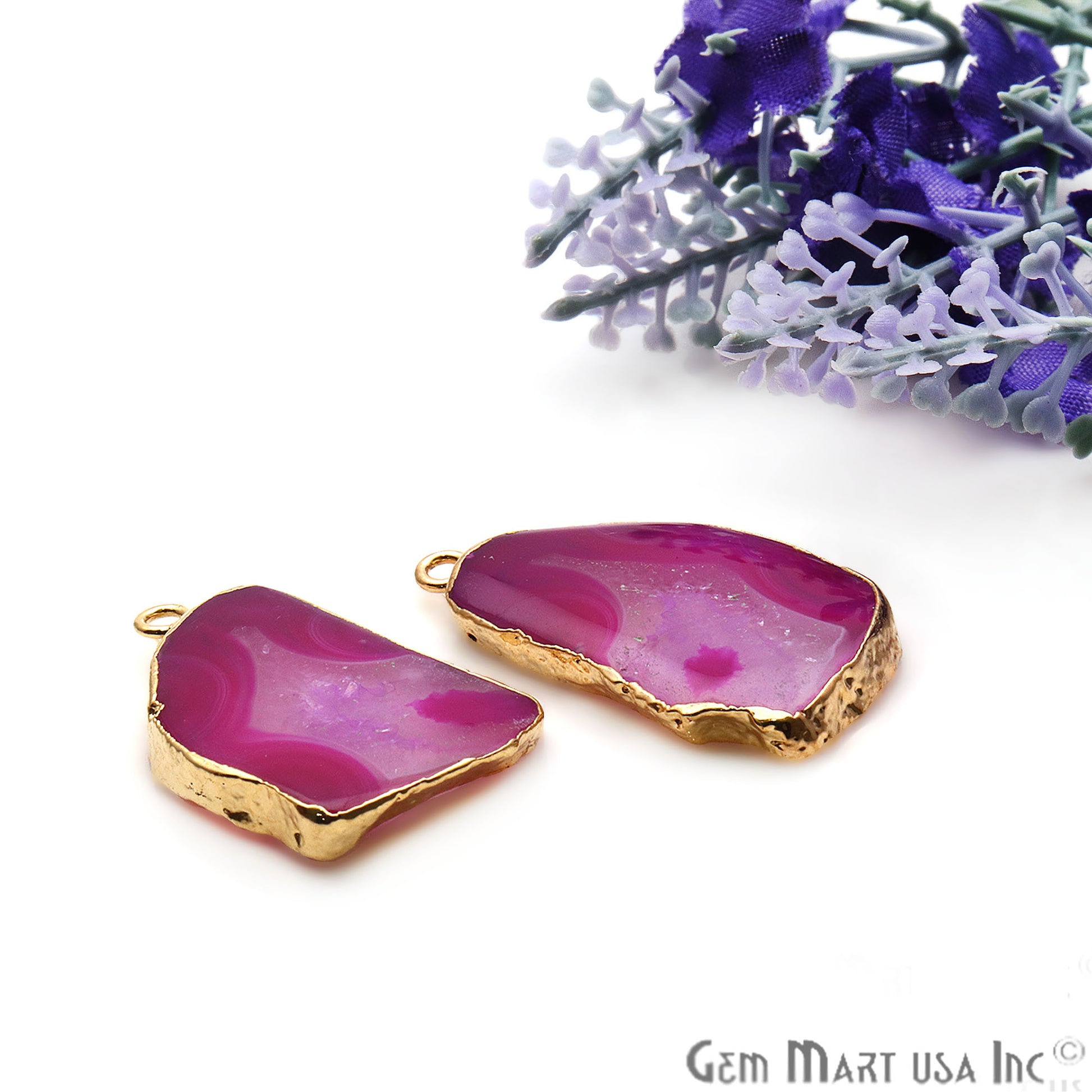 Agate Slice 17x31mm Organic Gold Electroplated Gemstone Earring Connector 1 Pair - GemMartUSA