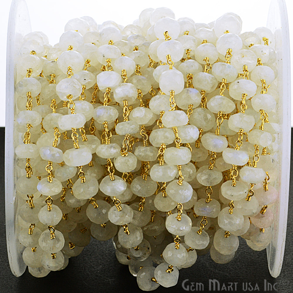 Rainbow moonstone 7-8mm Beads Chain, Gold Plated Wire Wrapped Rosary Chain - GemMartUSA (763792916527)