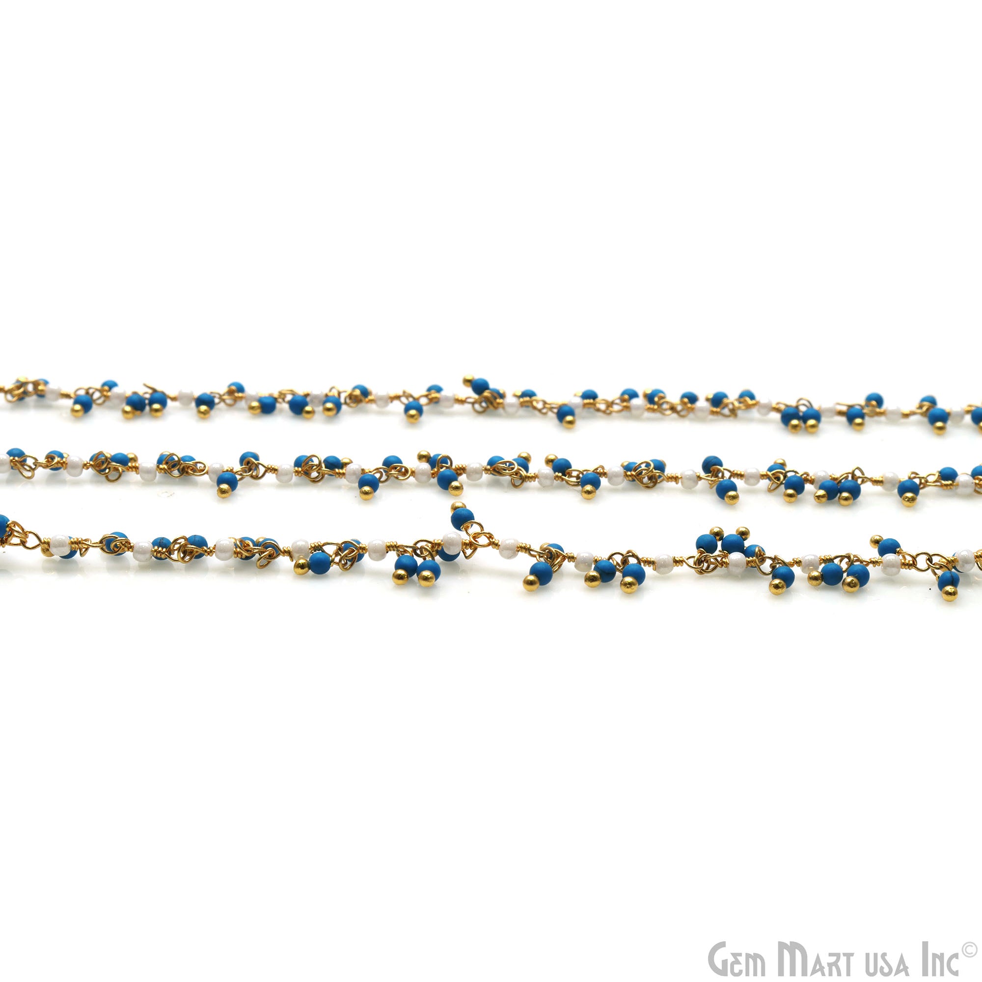 Turquoise & Pearl Faceted Beads 2-2.5mm Gold Wire Wrapped Cluster Rosary Chain