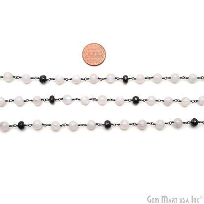 Rainbow Moonstone & Black Pyrite  Oxidized Cabochon Beads Rosary Chain