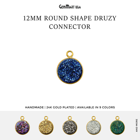 Natural Titanium Gold Druzy 12mm Round Single Bail Bezel Gemstone Connector