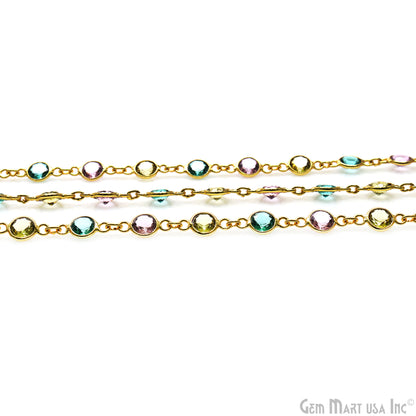 Multi Color Zircon 5mm Round Bezeled Gold Plated Continuous Connector Chain