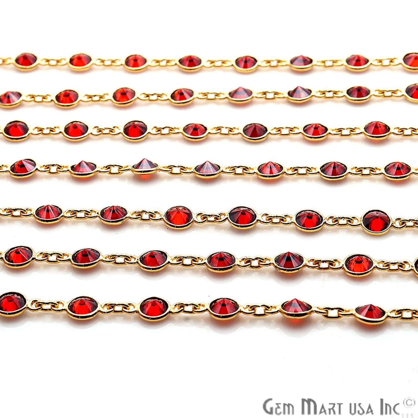 Garnet Gemstone 5mm Round Bezeled Gold Plated Continuous Connector Chain - GemMartUSA