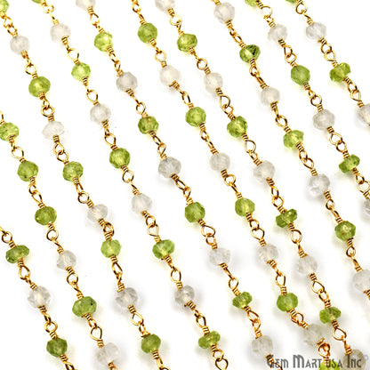 Rainbow Moonstone With Peridot 3-3.5mm Gold Plated Wire Wrapped Rosary Chain