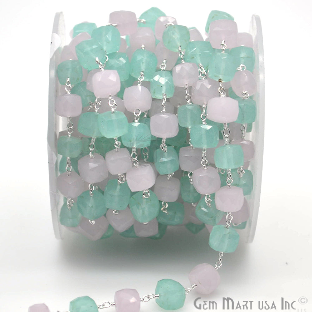 Rose With Aqua Chalcedony Silver Plated Wire Wrapped Beads Rosary Chain - GemMartUSA (763967963183)