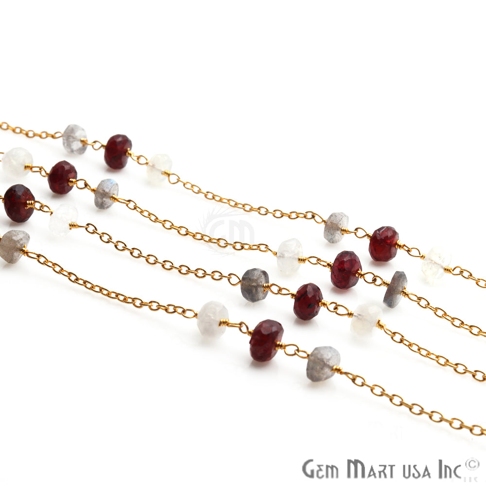 Multi Color Gemstone 5-6mm Beaded Gold Plated Wire Wrapped Rosary Chain - GemMartUSA
