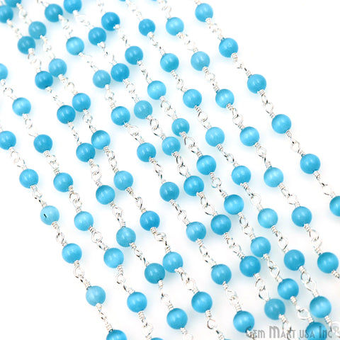 Blue Monalisa Cabochon 4mm Silver Wire Wrapped Rosary Chain
