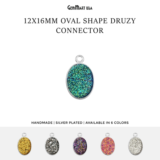 Titanium Druzy 12x16mm Oval Silver Plated Single Bail Gemstone Connector