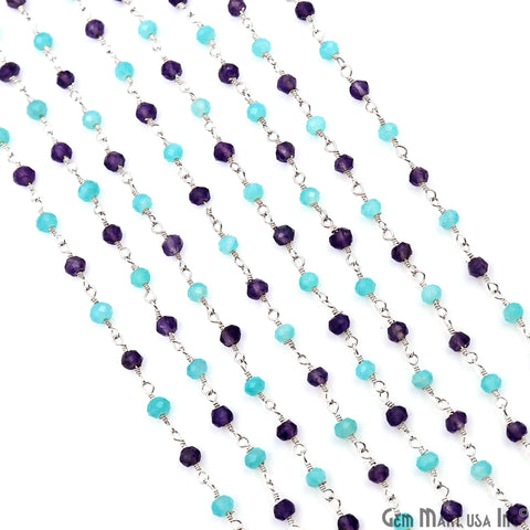 Amethyst & Amazonite Beads 3-3.5mm Silver Plated Wire Wrapped Rosary Chain