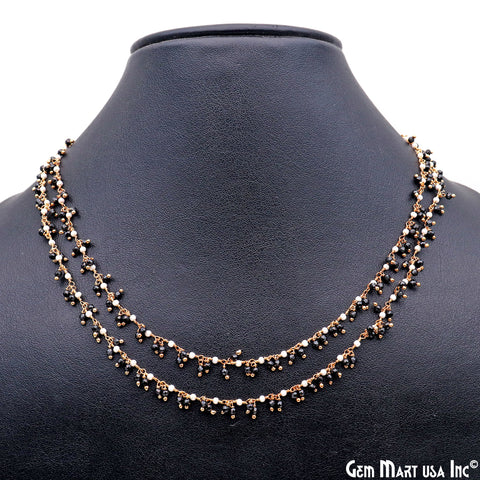 Black Spinel & Synthetic Pearl Faceted Beads Gold Plated Wire Wrapped Rosary Chain