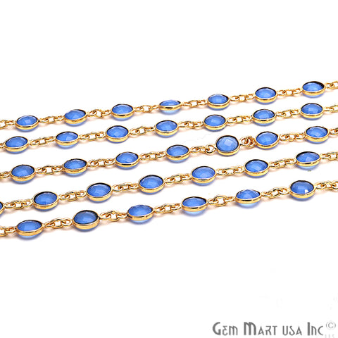 Blue Chalcedony 5mm Bezel Link Gold Plated Continuous Connector Chain - GemMartUSA