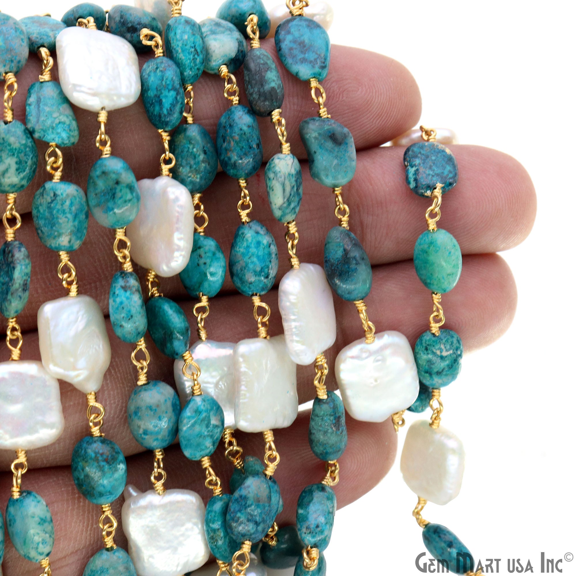 Chrysocolla Tumble Beads 8x5mm & Pearl 12mm Beads Gold Plated Rosary Chain
