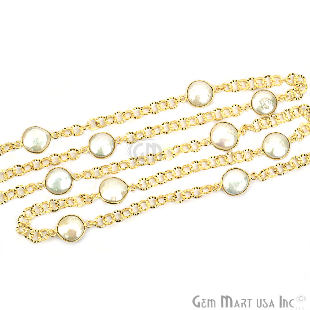 Freshwater Pearl 10mm Round Gold Plated Bezel Connector Chain - GemMartUSA (764192915503)