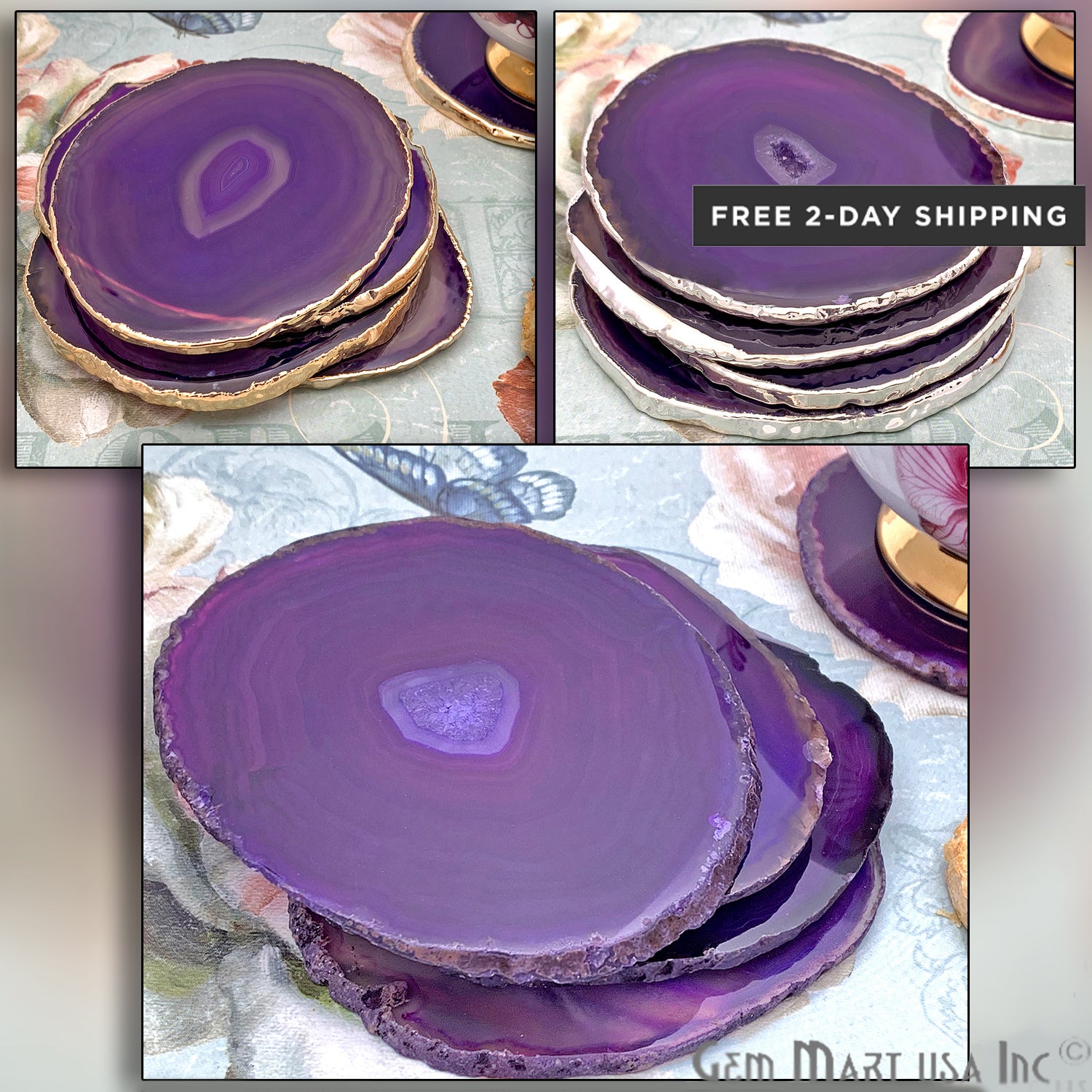 Purple Agate Coaster, Coaster Set, Rock Coaster, Agate Slice Drink Coaster - GemMartUSA