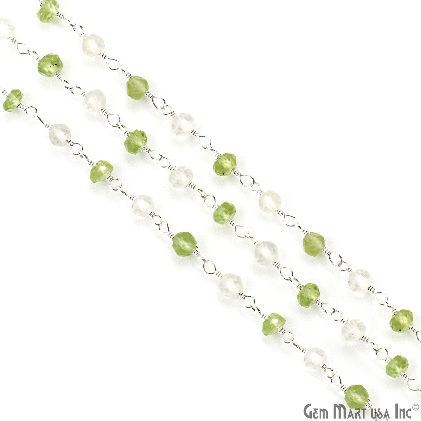 Peridot & Crystal Faceted Beads 3-3.5mm Silver Plated Gemstone Rosary Chain