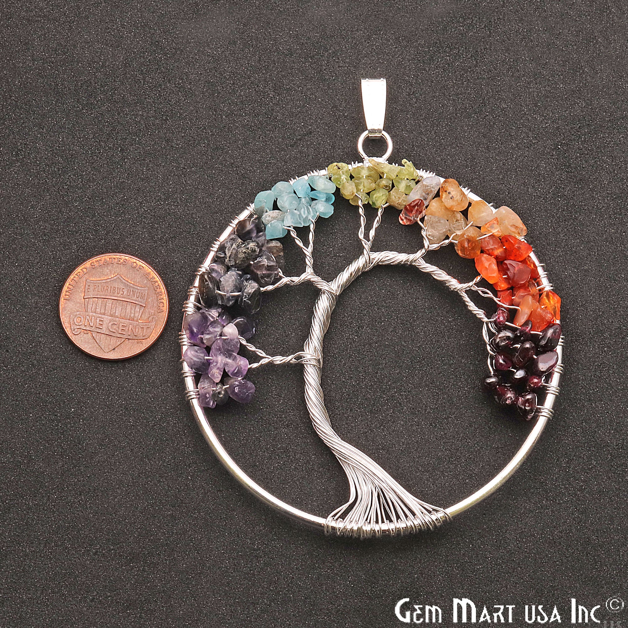 Multi Color Tree Of Life 72x65mm Silver Wire Wrapped Round Shape Pendant - GemMartUSA