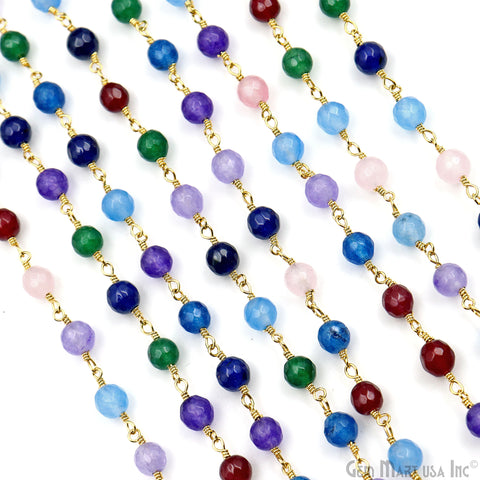 Multi Stone 6mm Faceted Beads Gold Wire Wrapped Rosary Chain