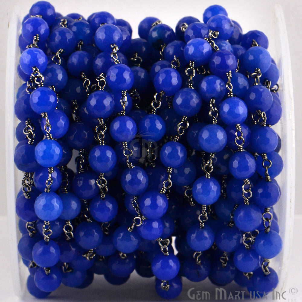 Blue Jade Faceted Beads 8mm Oxidized Wire Wrapped Rosary Chain - GemMartUSA