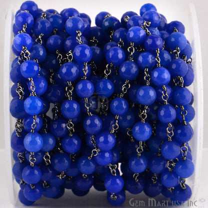 Blue Jade Faceted Beads 8mm Oxidized Wire Wrapped Rosary Chain - GemMartUSA