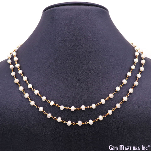 White Jade Faceted Round 4mm Beads Gold Plated Wire Wrapped Rosary Chain