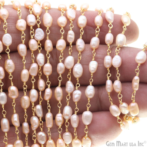 Pink Pearl Oval 5x4mm Gold Plated Beaded Wire Wrapped Rosary Chain