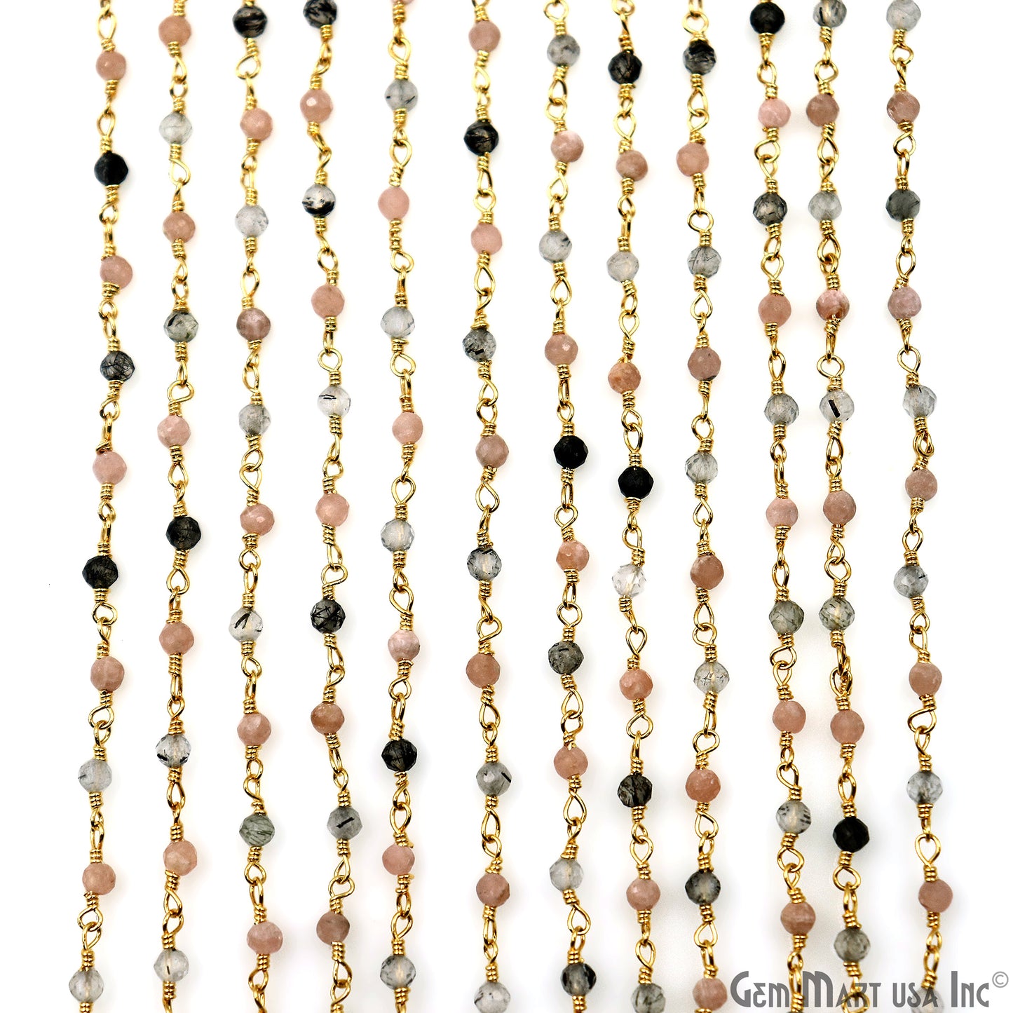 Rhodochrosite & Rutilated 2-2.5mm Tiny Beads Gold Plated Wire Wrapped Rosary Chain